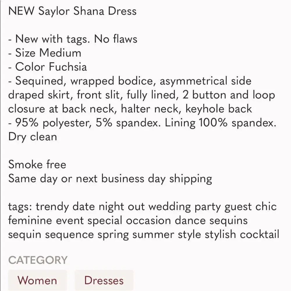 Saylor Shana Sequin Asymmetrical dress in Fucshia M NWOT - Picture 9 of 10